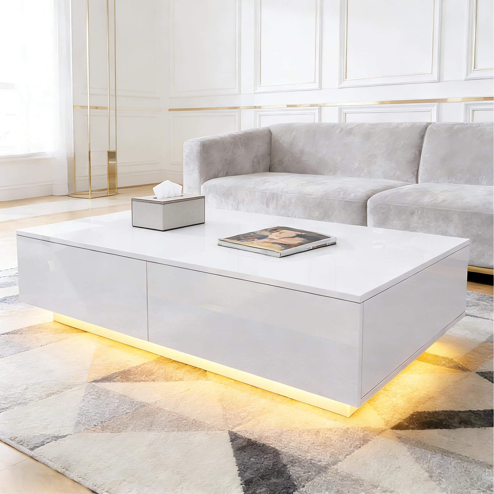BESTWANTED Coffee Table, Coffee Table with Storage, White Gloss Coffee Table with LED Lights, Coffee Table for Living Room Rectangle Centre Table with 4 Drawers Home Office Furniture