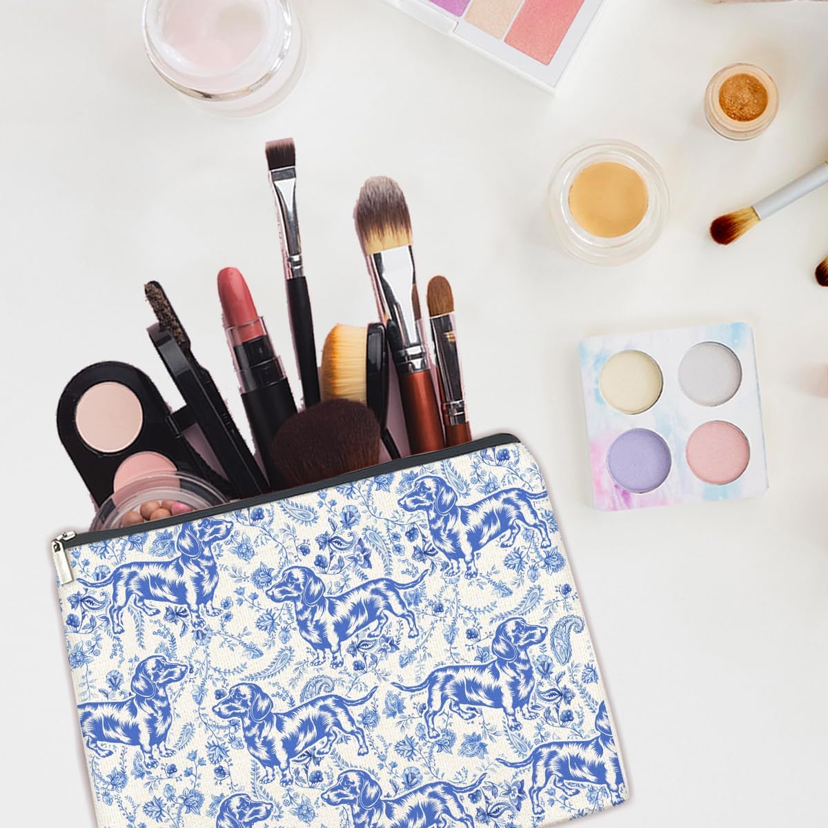 Blue Floral Dachshund Makeup Bag Humor Cosmetic Bags for Women Doxie Lovers Doxie Mom Gifts Chic Dachshund Makeup Pouch With Zipper Travel Toiletry Organizer Bag Purse - Image 4