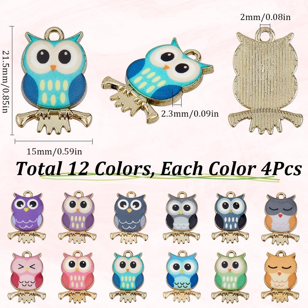 SUNNYCLUE 1 Box 48Pcs 12 Styles Alloy Owl Charm Bird Charms Bulk Golden Metal Colorful Painted Animals Birds Owls Charm for Jewelry Making Charms Bracelets Necklaces Earring DIY Crafts Accessories - Image 2
