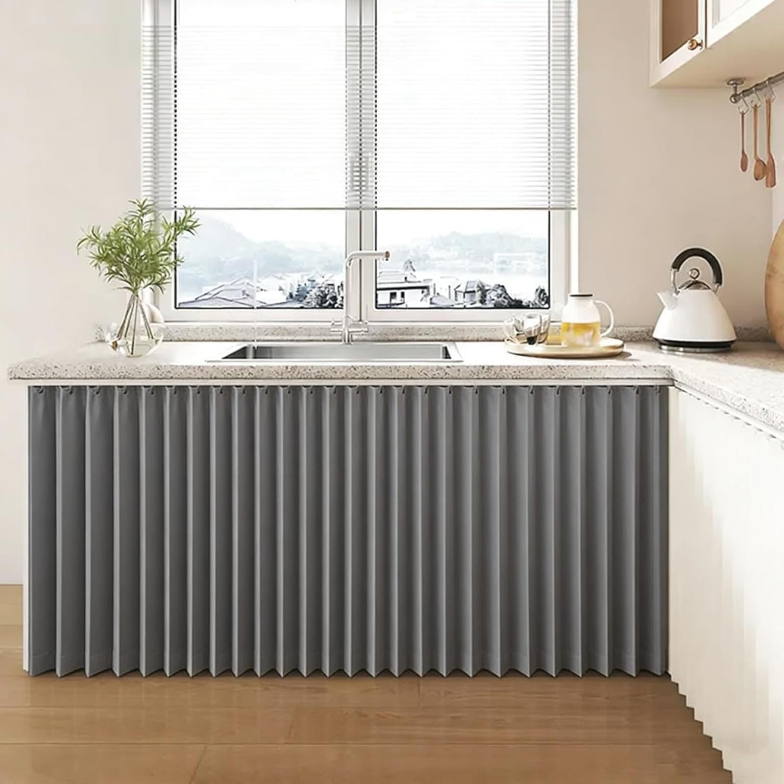 YZBZNG Cabinet Curtain for Kitchen Under Sink,magnetic Accordion Door Curtain,no-drill Self-adhesive Track Short Cabinet Curtains for Under Sink, Pantry,Grey-W170cm/H160cm