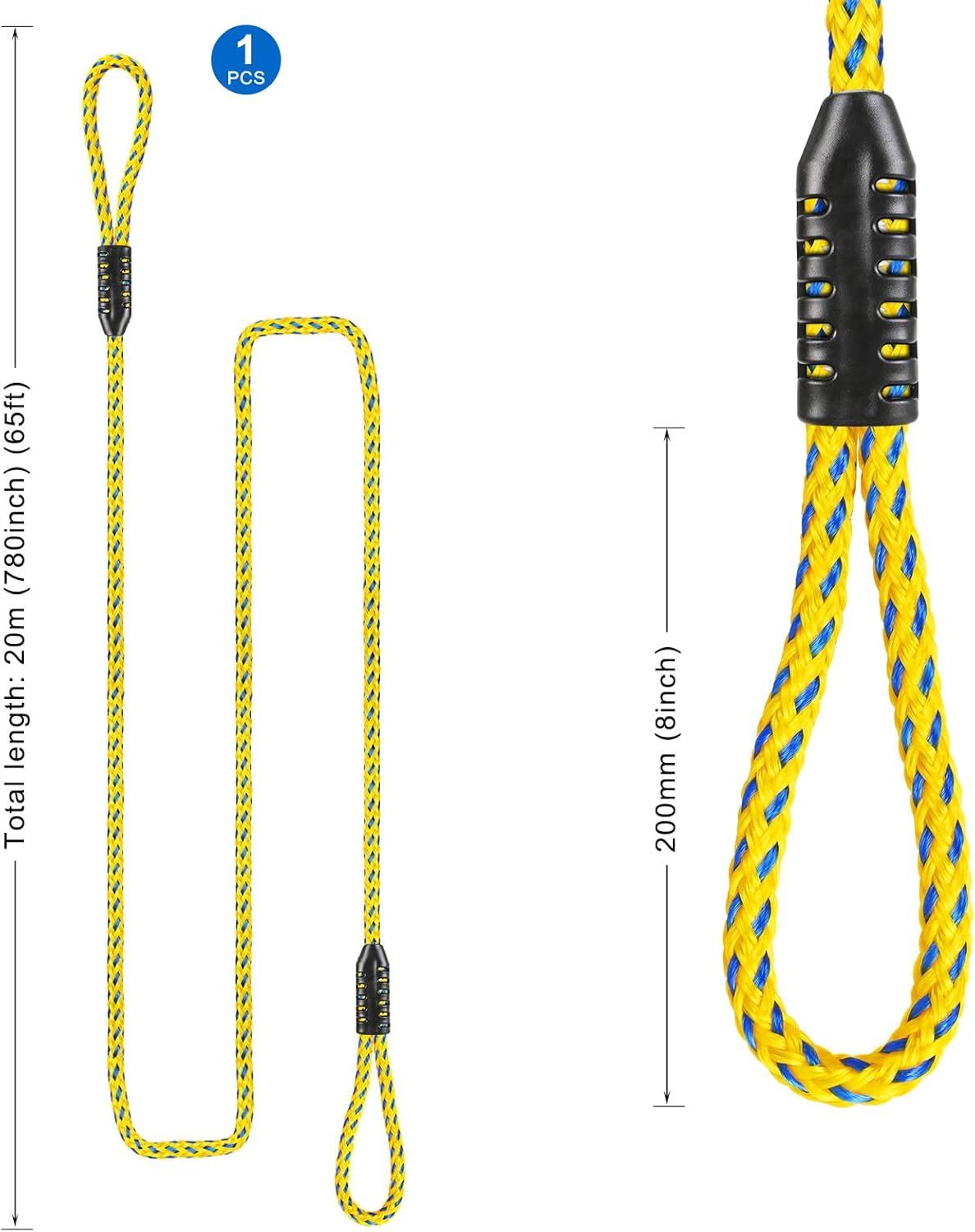 SELEWARE Heavy-Duty 65ft Boat Tow Rope for Tubing, 1-4 Person Tube Tow Rope, Watersports Rope for Towable Tubes