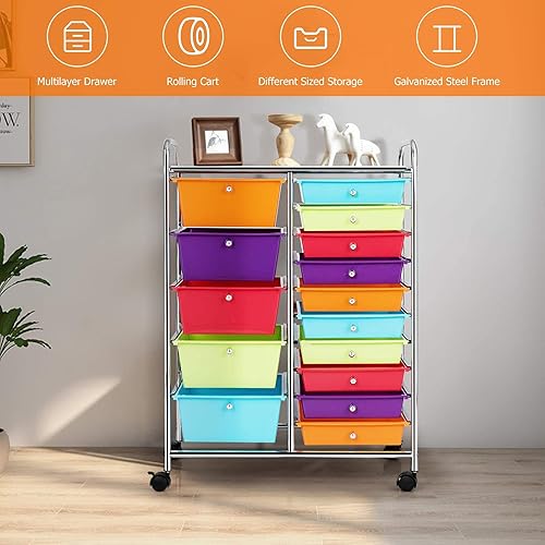 Miniatura 6 de RIVALLYCOOL Carrito de almacenamiento rodante con 15 cajones, organizador de papel móvil para libros, carrito de herramientas con ruedas, ideal para