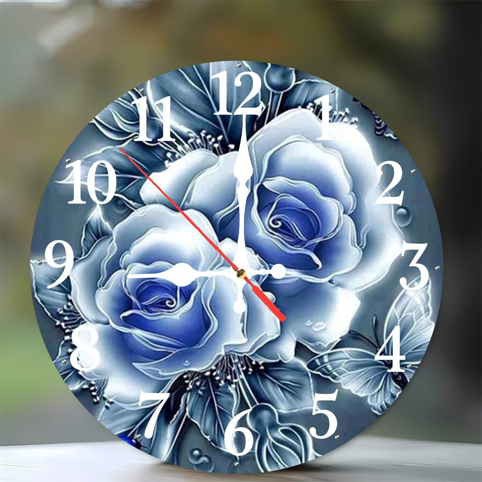 Jinmer 10 Inch Wall Clock,Blue Roses Modern Silent Non ticking Clocks, Wooden Frameless Round Easy to Read wall clock for Kitchen/Living Room/Bedroom/Bathroom