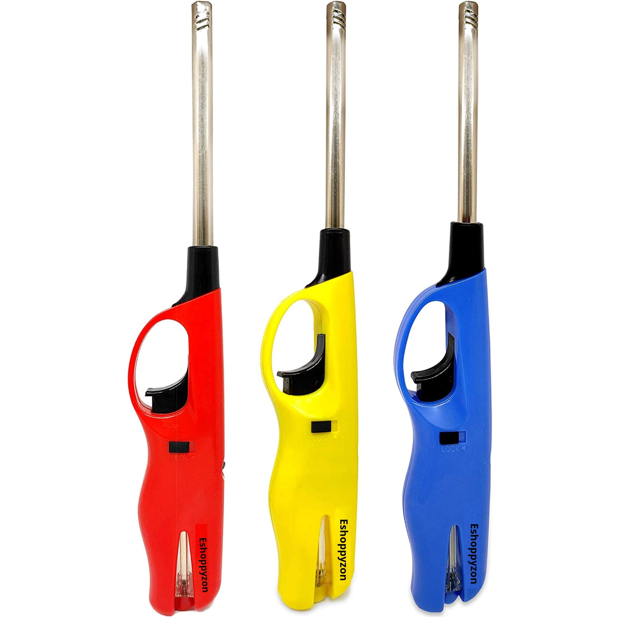 Gas Lighter for Kitchen Stove Refilable Fire Lighter with Adjustable Flame Gun Lighter for Candle, Diya, Barbecue & Home Use Pack of-3 (Red+Yellow+Blue, Plastic)