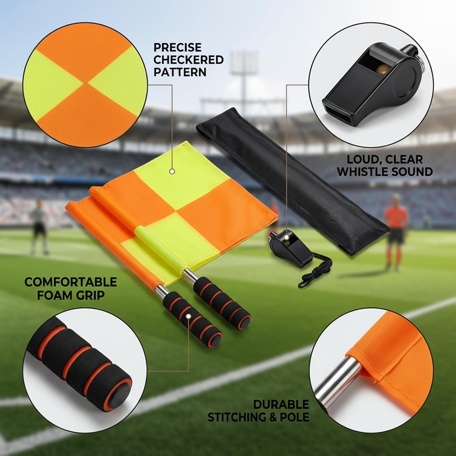 Soccer Referee Flags, Referee Whistle, 5 Pcs Equipment, 2 Referee Whistles with 2 Flags and Carrying Bag, Durable Tournament Gear for Soccer Officials and Linesmen