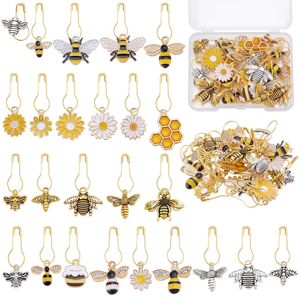 PLIGREAT 25 Pcs Bee Honeycomb Charm Stitch Marker Set Cute Pendants Crochet Stitch Needle Clip Counter for Weaving Sewing Locking Knitting Marker Tools Women DIY Craft Making Accessories