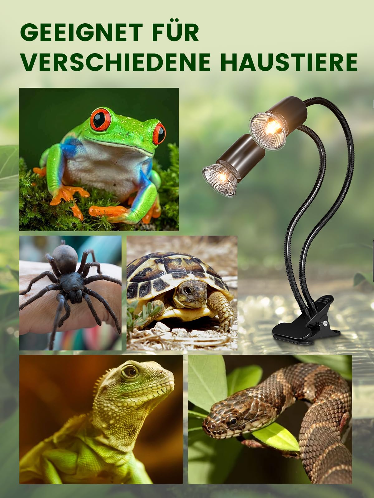 GlowUp Wärmelampe Schildkröten mit Zyklustimer, Doppelkopf Wärmelampe Terrarium mit 2* E27 Basking Spot Glühbirnen, 360° drehbare E27 Terrarium Warmelamp für Schildkröte, Eidechse, Spinne, chlange