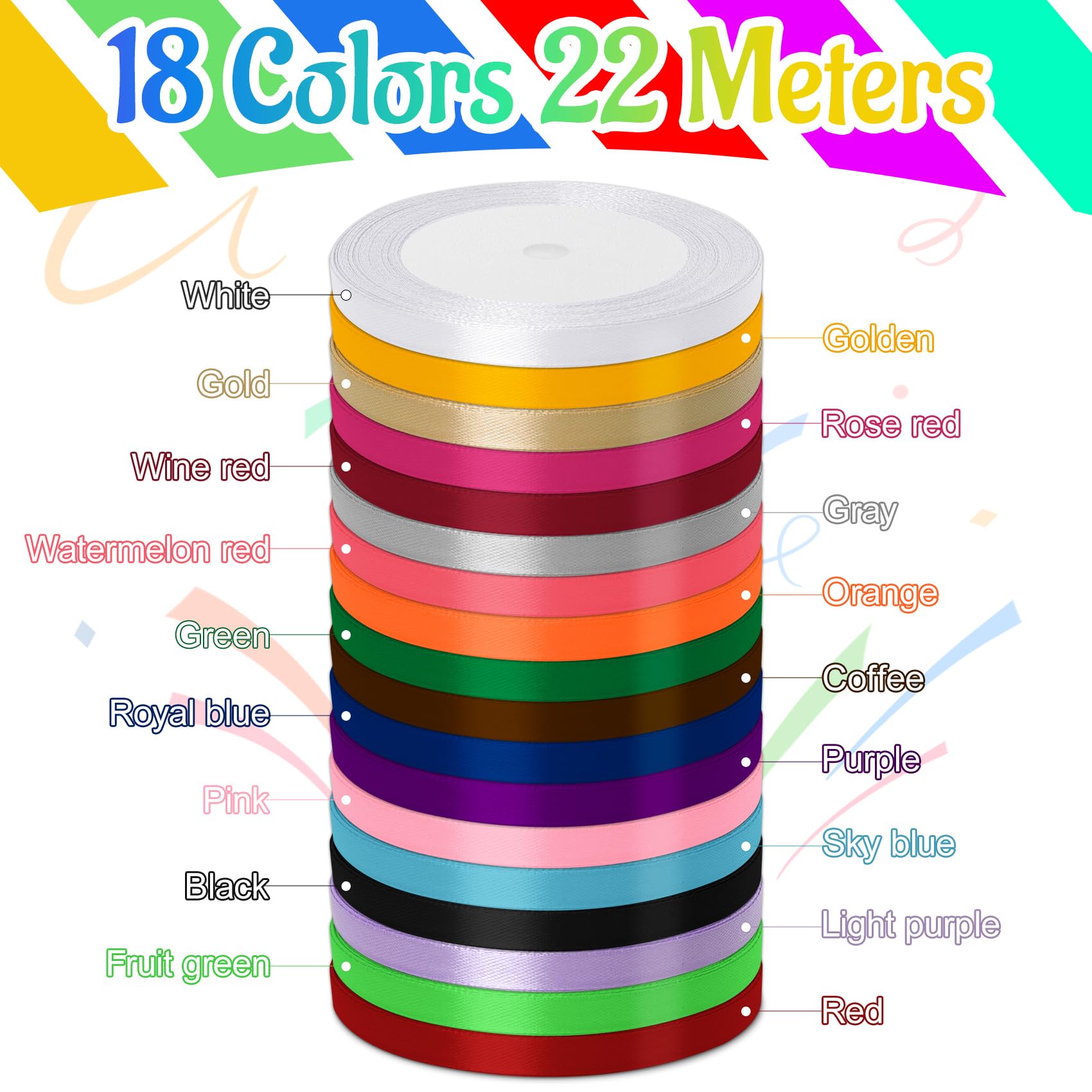 Set 18 Rotoli Nastro Di Raso Colorato 10mm X 22m – Per Confezioni Regalo, Bouquet, Fai Da Te, Decorazioni Feste, Matrimonio