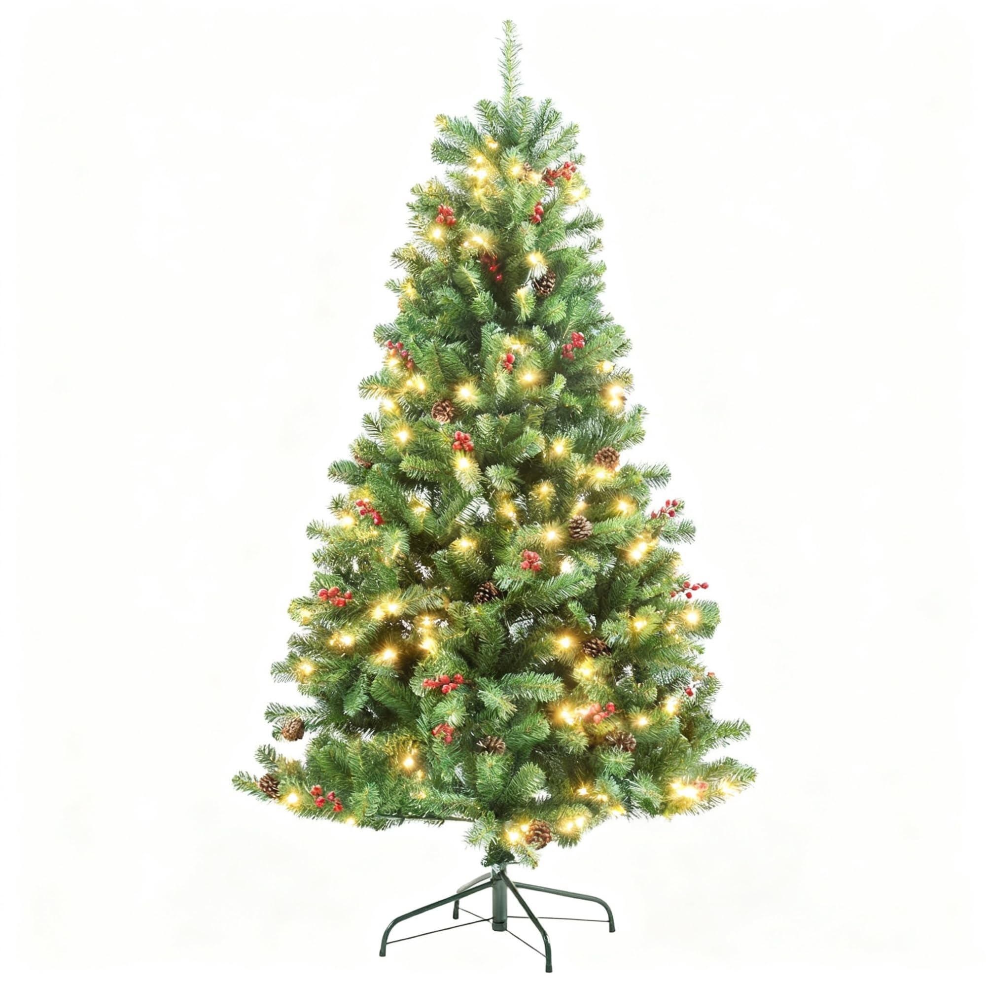 4Ft/1.2m Pre-Lit Artificial Christmas Tree Maryland Fir Green Pine Tips Decorated with Red Berries and Pine Cones Warm White LEDs Xmas Home Decorations Metal Stand