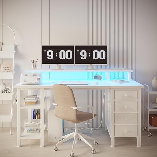 Miniatura 4 de Lufeiya - Escritorio blanco con cajones de almacenamiento - 47 pulgadas, escritorio para computadora de oficina en casa y juegos con soporte para