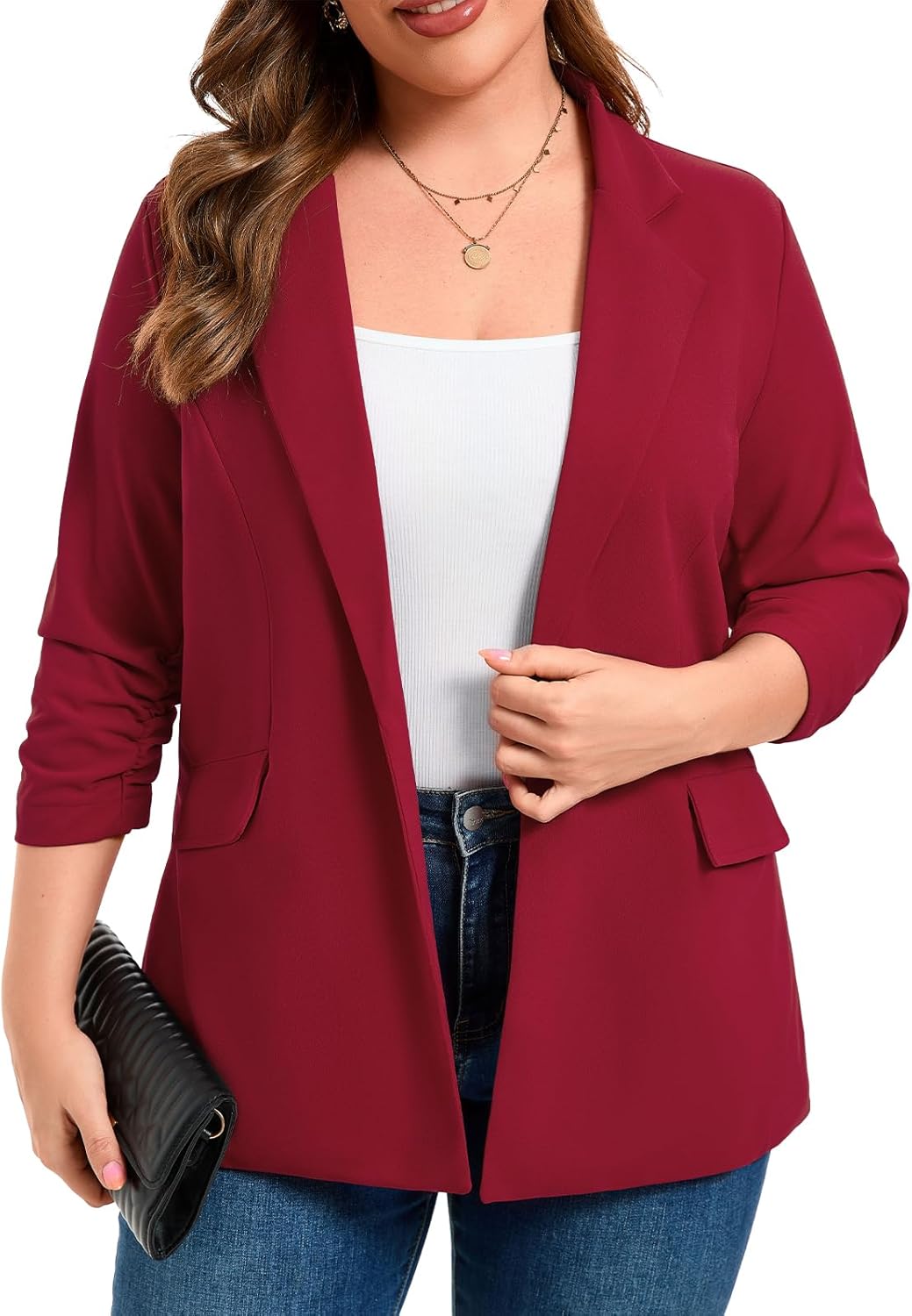 Plus Size Blazers for Women Casual Work Office 3/4 Sleeve Open Front Cardigan Suit Jacket Blazer with Pockets - Image 4
