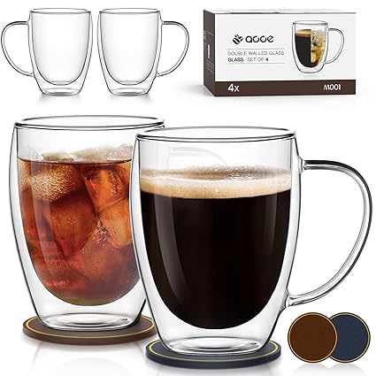 AOOE Double Wall Glass Goffee Mugs 12.5oz Clear Glass Coffee Mugs Set of 4  Insulated Glass Coffee Mug with coaster, Perfect for Espresso, Latte, Cappuccino, Americano, Tea Bag, Beverage