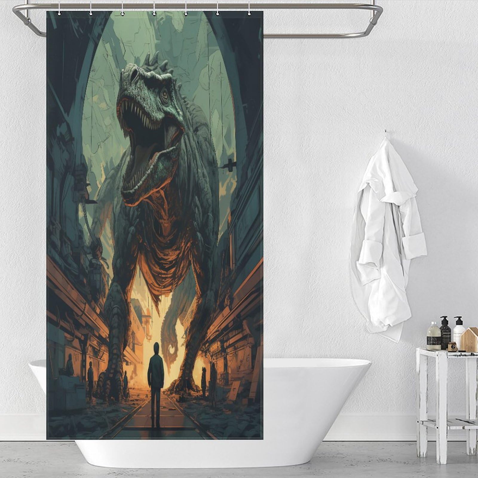 Rideau de douche dinosaure imperméable 92x183 cm en tissu polyester lavable
