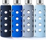 Mrsdry 18oz Glass Juice Bottles with Lids and Silicone Sleeves, 4-Pack Reusable Clear Glass Water Bottles with Stainless Steel Airtight Cap for Juicing, BPA Free Drinking Jar (Mint, 18oz)