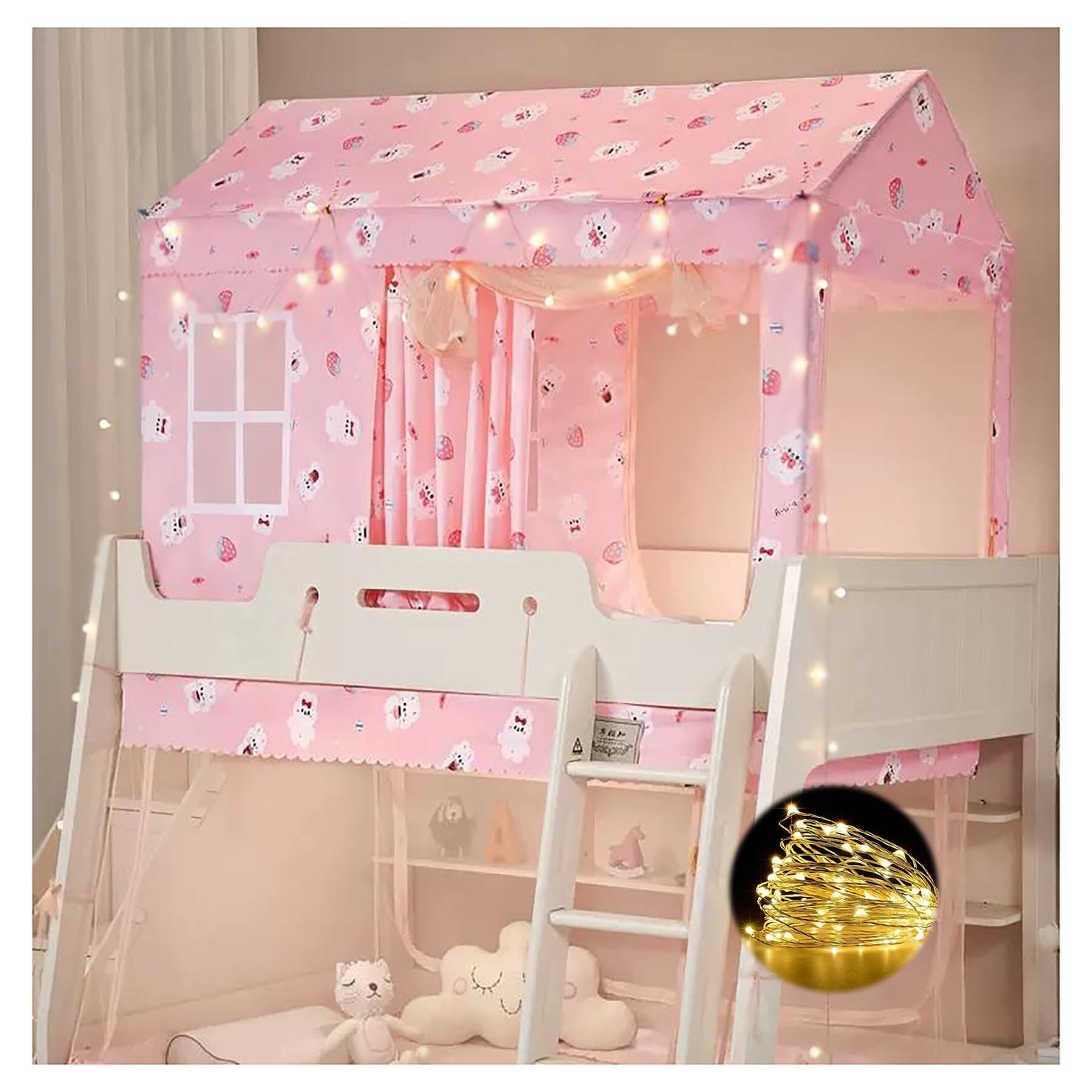 Twin Top Bunk Bed Tent Canopy with Frame,Beige - Bed Netting Canopy for Girls with Lights. Stainless Steel Canopy Bed Frame Curtains Elegant(Pink)
