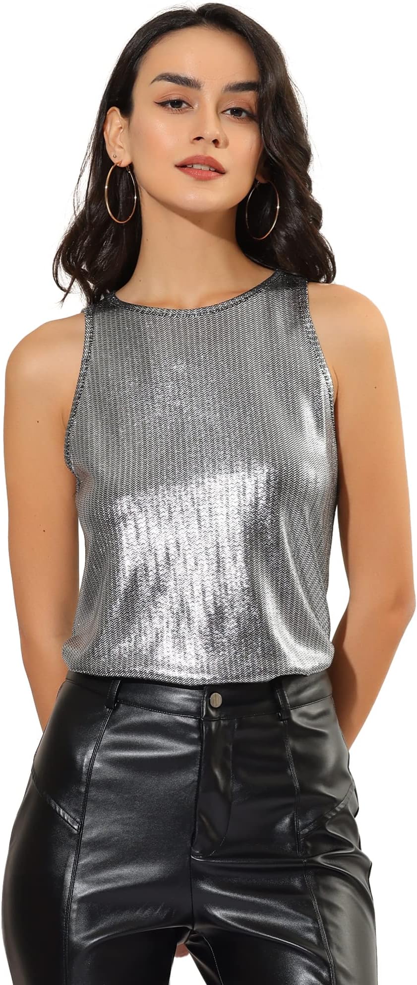 Allegra KWomen's Metallic Tank Tops Shiny Sleeveless Party Disco Shirt