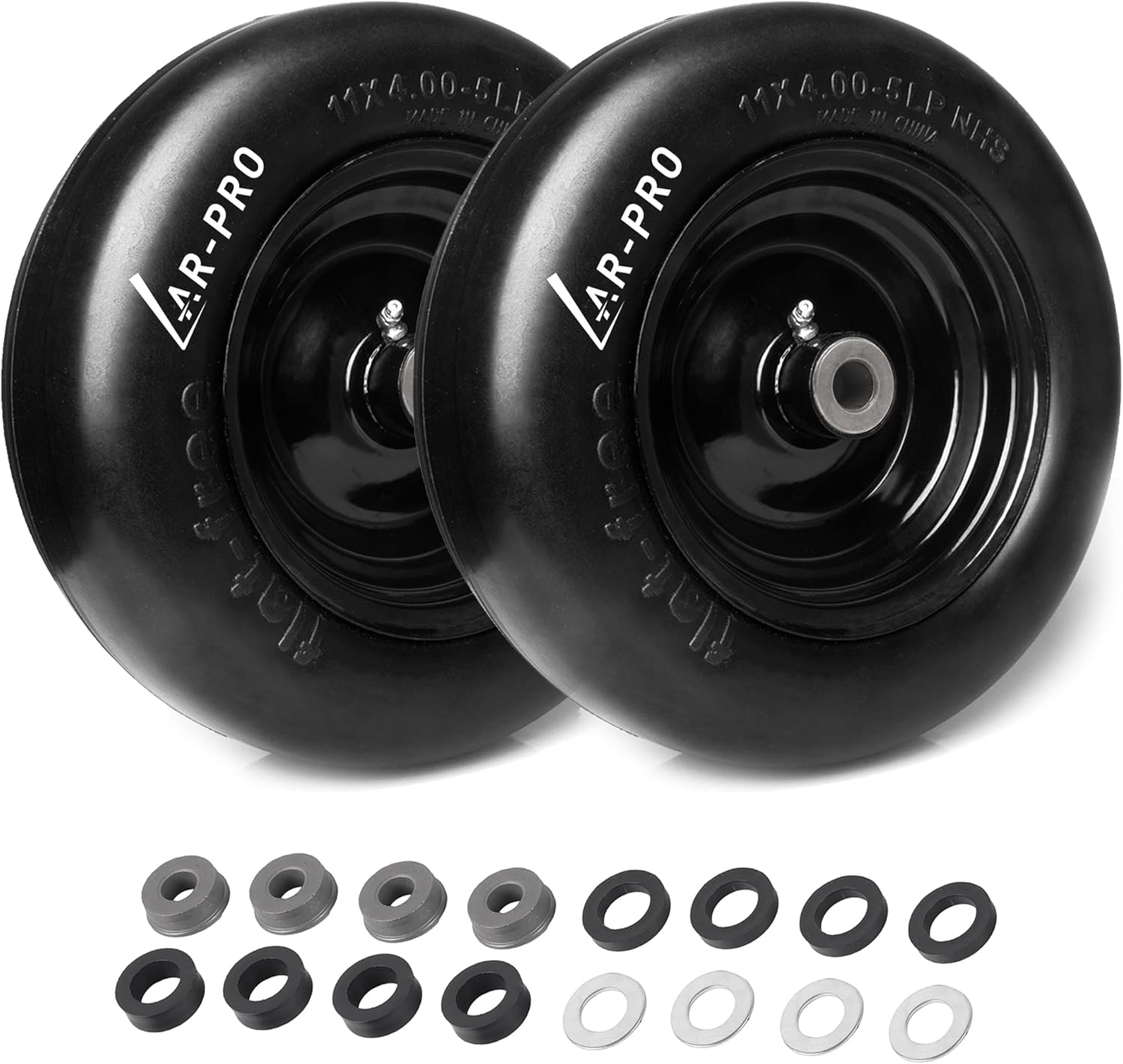 (2 Pack) Universal Fit 11x4.00-5 Flat Free Lawn Mower Tires and Wheel - Solid Rubber Lawnmower Tires with 3.4" Centered Hub and 3/4" Sintered Iron Bushings (Model Number 00232) 11 x 4.00-5 Flat-Free (Smooth) Black