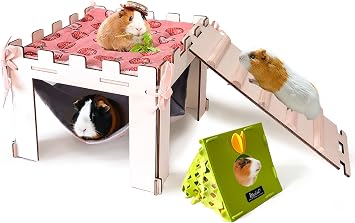 Guinea Pig Hideout with Hammock,Large Wooden Guinea Pigs House with Stairs and Mats,Detachable Guinea Pig Hide for Small Animals Hamster Chinchilla Ferret Habitats Accessories