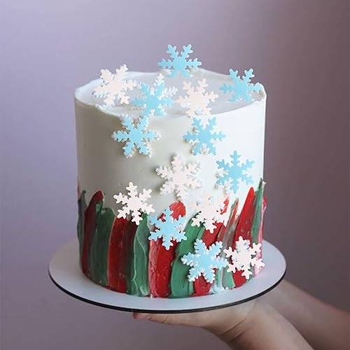 Miniatura 4 de 50 piezas comestibles de copos de nieve para cupcakes, blanco y azul, copos de nieve congelados de invierno, decoración para temática de copo de