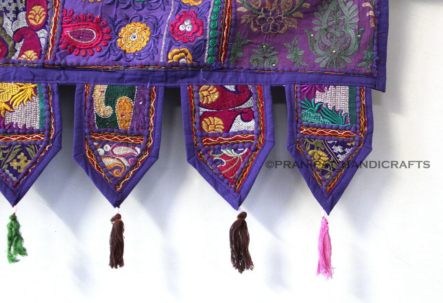 Pranipat Handicraft Vintage Handmade Tassel Drape Door Hanging Cotton Hippie Embroidered Door Decor Wall Home Patchwork Boho Artisan Crafted Toran Purple (Large 80 X 14 Inch (203 x 35 Cm))