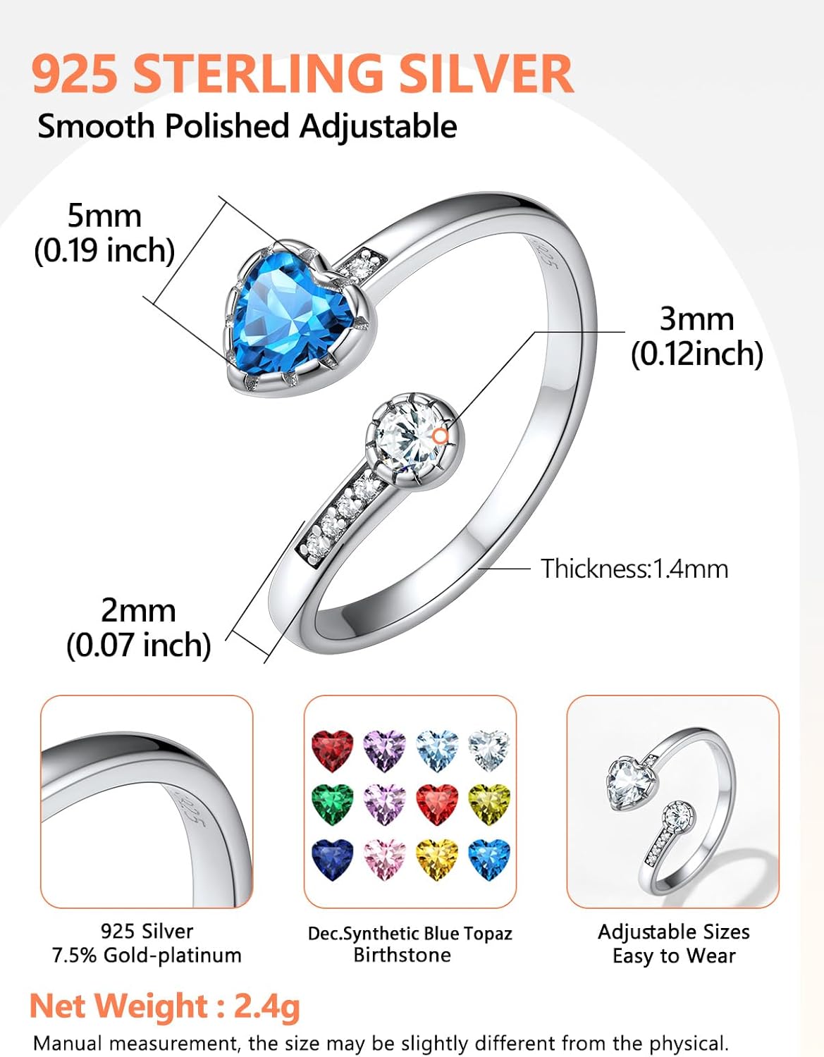 Silvora 925 Sterling Silver Adjustable Birthstone Ring with Heart Shaped Gemstone and Round CZ, Perfect for Women, with Gift Box