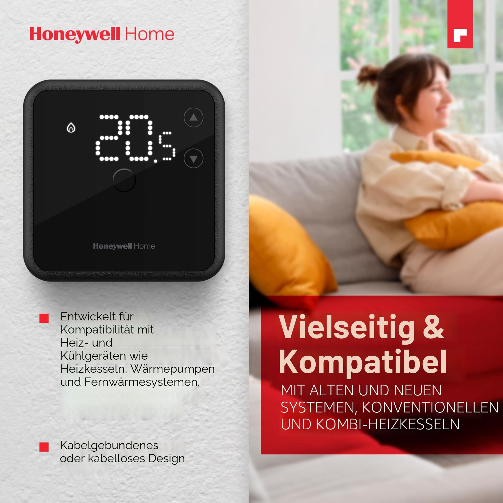 Honeywell Home Raumthermostat, leicht ablesbares, energieeffizientes Display auf LED-Basis, kabelgebunden, weiß