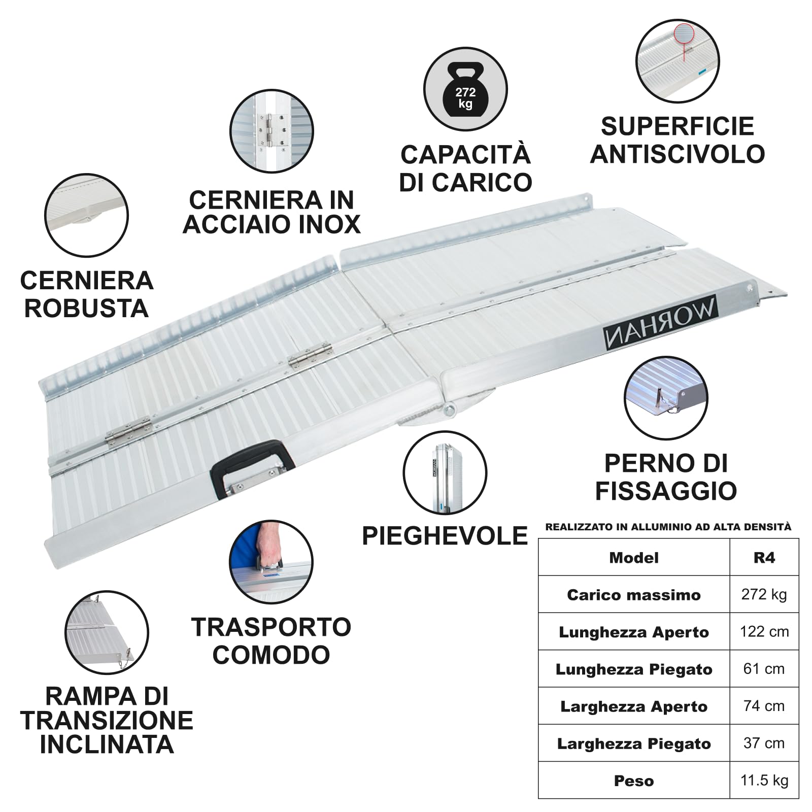RAMPA DI CARICO A VALIGIA IN ALLUMINIO max 272 KG PER SEDIA A ROTELLE GRANDE SELEZIONE (122cm) R4