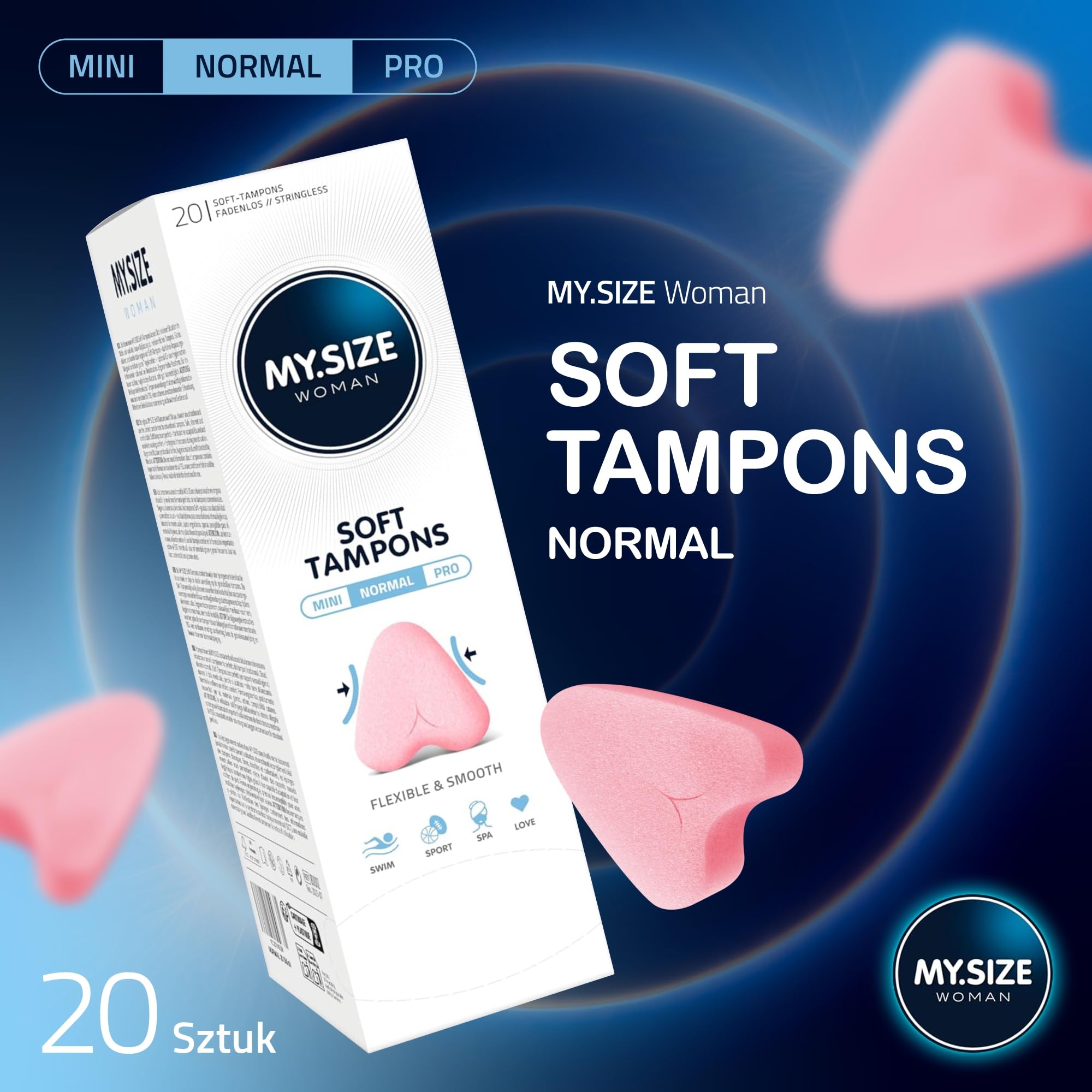 MY.SIZE Woman Soft Tampony NORMAL, 20 sztuk, tampony bez sznureczka do sportu, miłości i spa