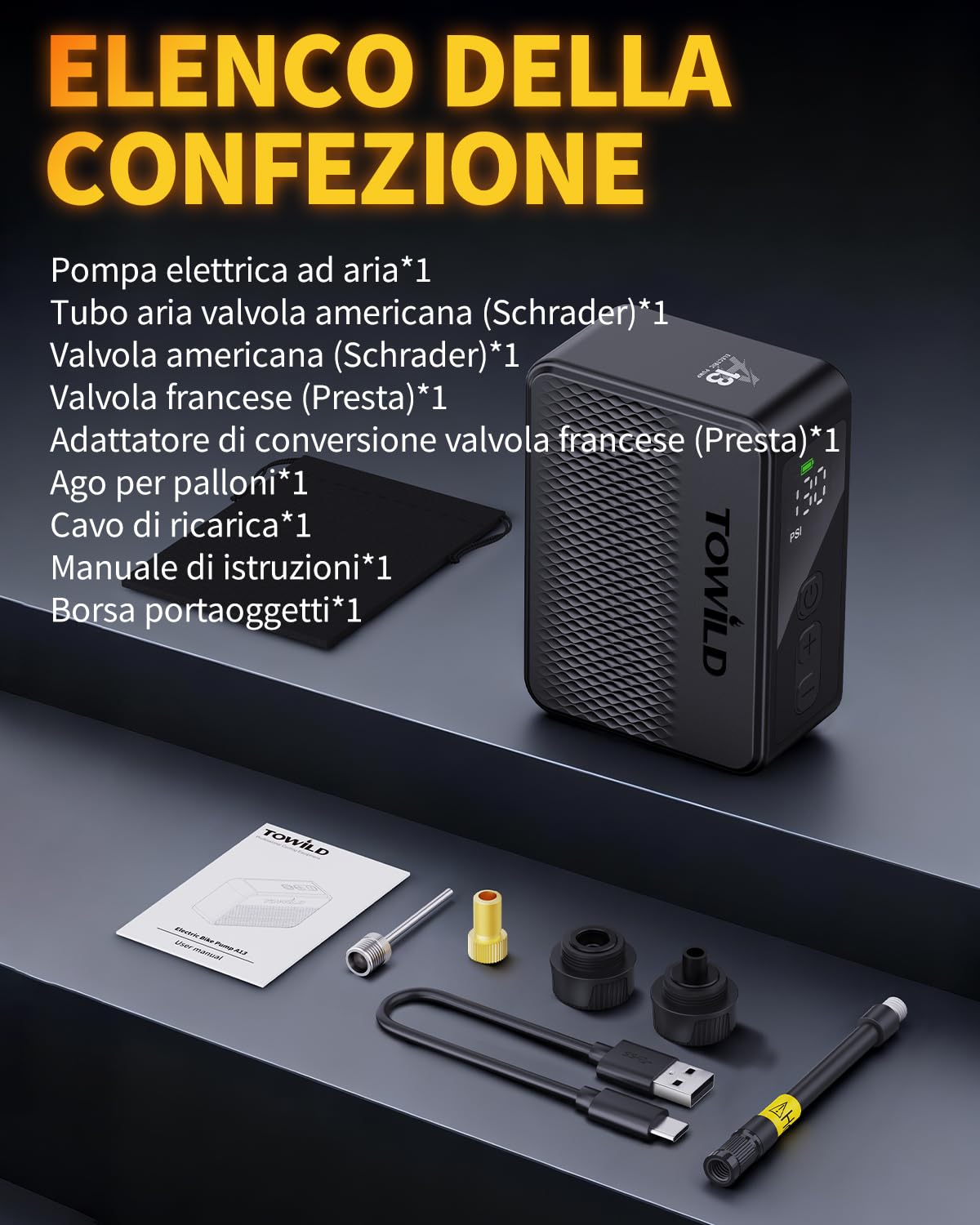 TOWILD A13 Pompa Elettrica per Bici, Max 130 PSI Mini Compressore d'aria elettrico, Funzione di Arresto Automatico Ricaricabile Type-C, Valvole Presta e Schrader per Biciclette da Strada, MTB, E-bike