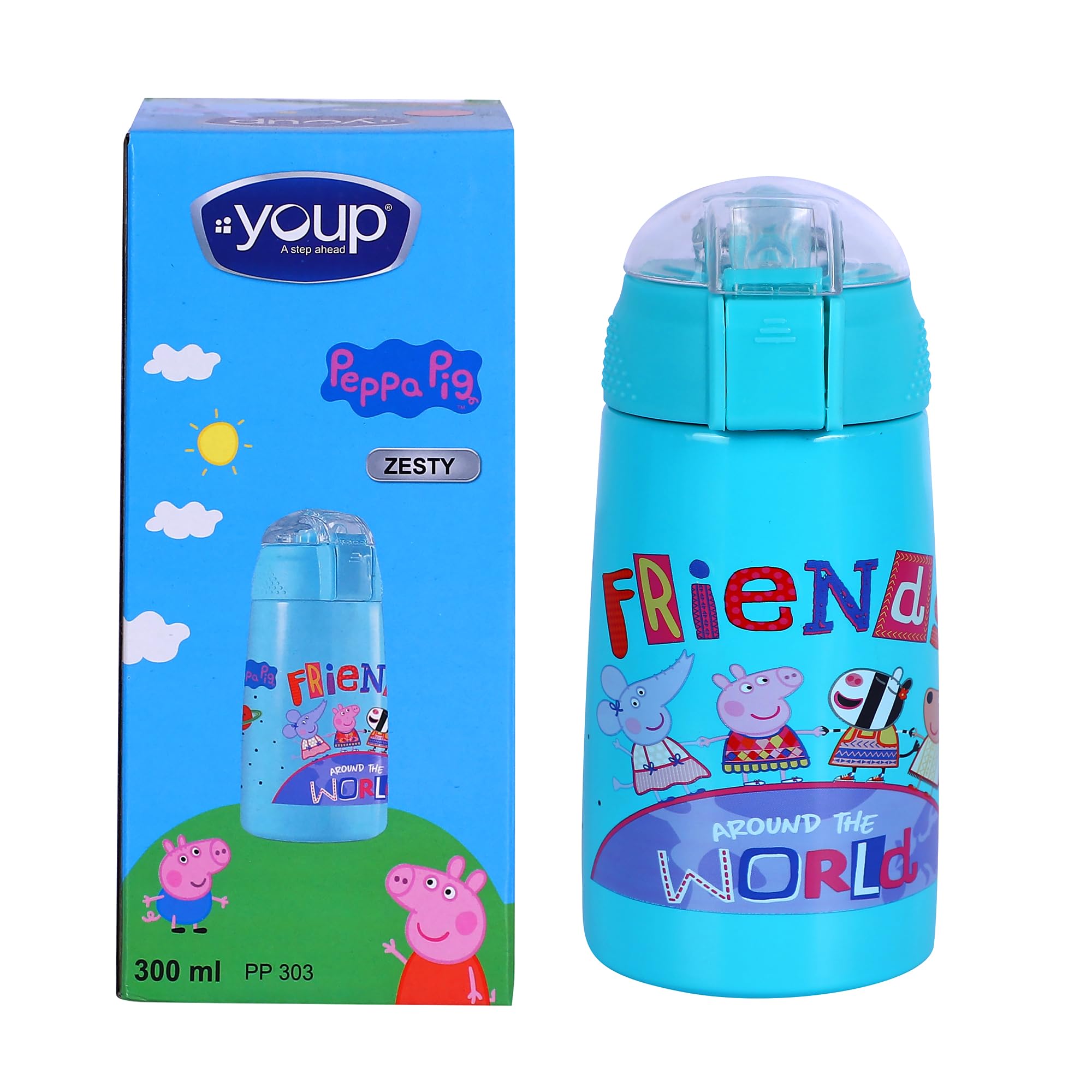 Stainless Steel Peppa Pig Theme Kids Insulated Double Wall Sipper Bottle Zesty- 300 ml (Sky Blue)