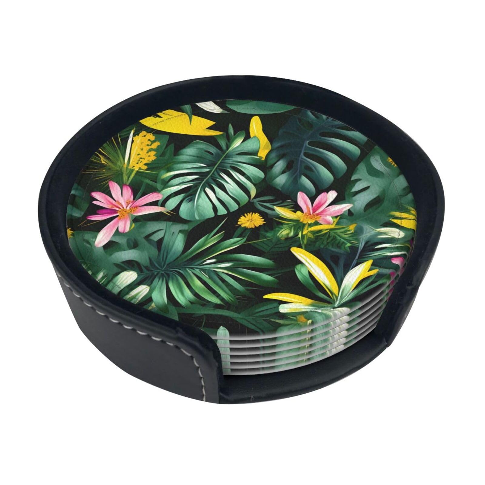 Tropical Leaves With Flowers Print Round Coasters Set Of 6,Coaster For Tabletop Protection Home Bar Decor