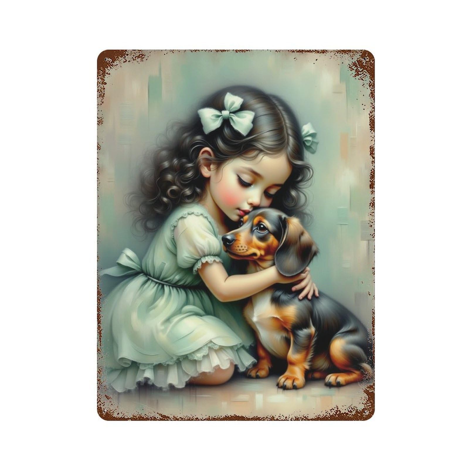 Girl Hugging Dachshund 15.7"x11.8" Vintage Rust Metal Sign, Decorative Metal Wall Art for Bistro, Counter And Cafe Decor