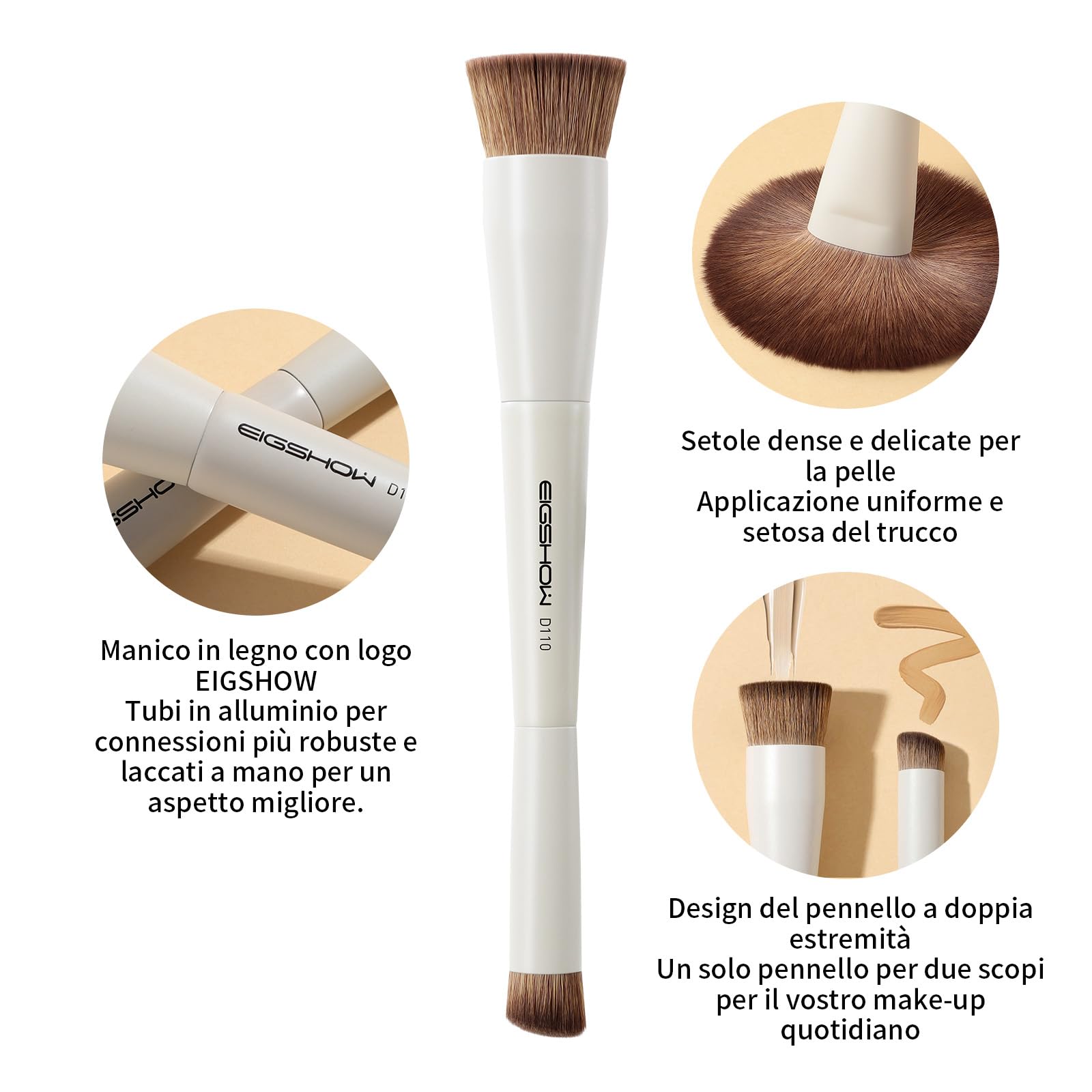 EIGSHOW Set di Pennelli per Trucco, Set Pennelli Make Up da 3 Pezzi, Set Pennelli Trucco con Due Estremità, Viso in Fibra Sintetica Morbida, Adatti per Polveri Liquide e Cremose, Beige