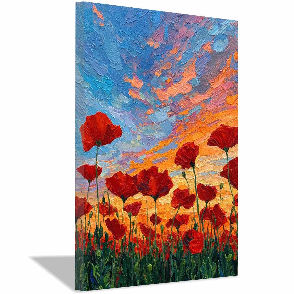 Hoqiu Multicolor Botanical Wall Art Poppies Sunset Landscapes S S S Pictures, Print Canvas Poster Decor For Living Room, Bathroom Canvas Art, For Bedroom Home Decoration.(Multicolor)-20X30cm Framed