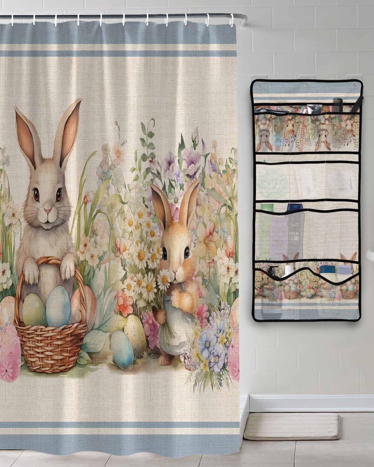 Shower Curtain Mesh Shower Organizer Hanging Set Easter Bunny Rabbit Eggs Daisy Spring Flowers Blue Striped Waterproof Shower