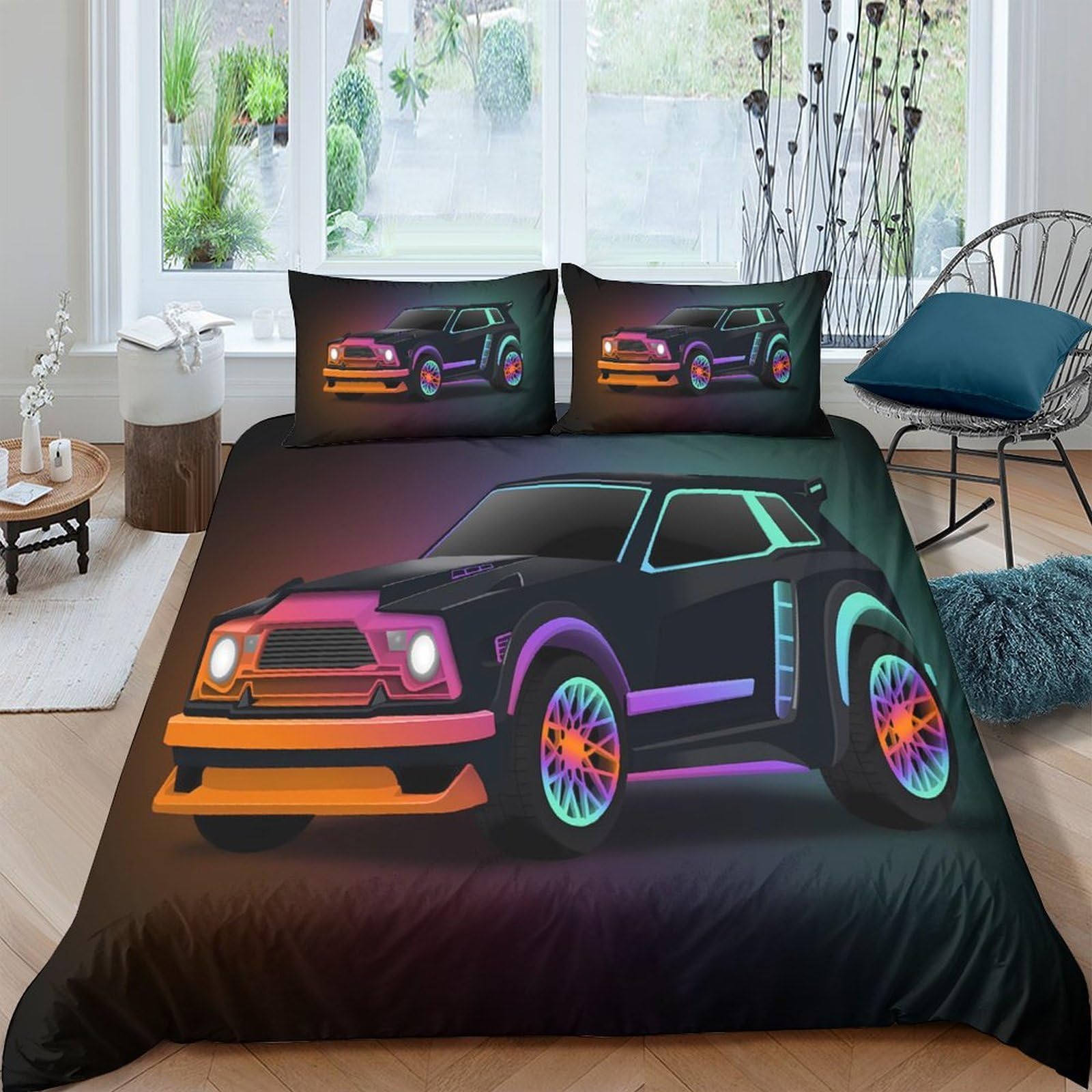 XFKLYNVCJ 3D Printed neon car Quilt Cover Brushed Microfiber futuristic vehicle Comforter Cover Shrink Resistant Stain Resistant Lightweight for Family Home Daily Use Single（135x200cm）