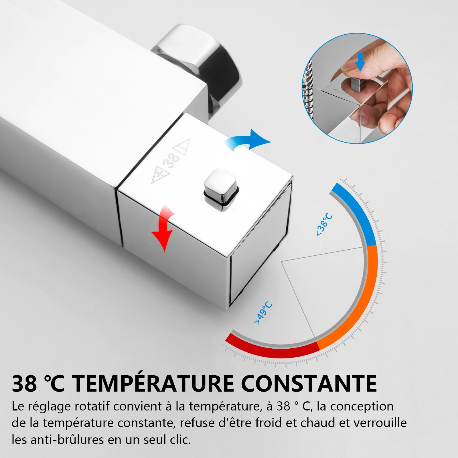 KOMIRO Colonne de Douche Thermostatique, Mitigeur Thermostatique, Ensemble de Douche pour Salle de Bain, Réglable en Hauteur, Carré, Chrome (argent1)