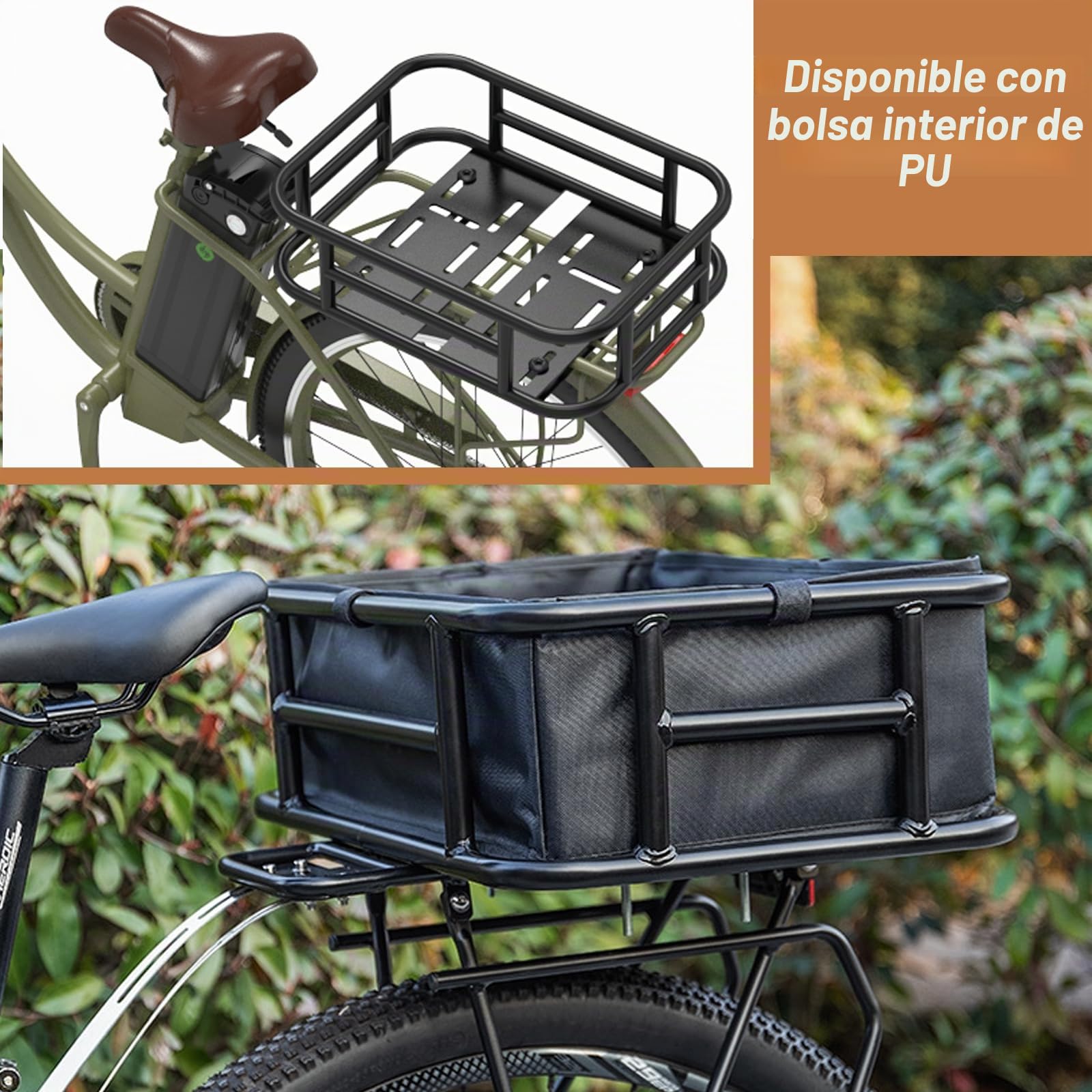 Cesta trasera para bicicleta, cesta impermeable con forro y red de carga, cestas grandes y resistentes para la mayoría de bicicletas