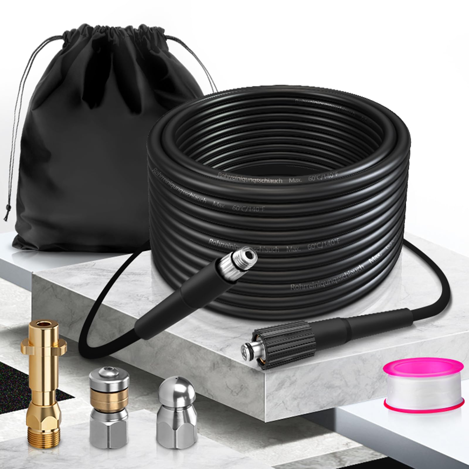 Tuyau de nettoyage de canalisations de 20 m, 400 bar, 60 °C, compatible avec Kärcher K2, K3, K4, K5, K6, K7, kit de nettoyage de canalisations de qualité supérieure pour tuyaux et canalisations