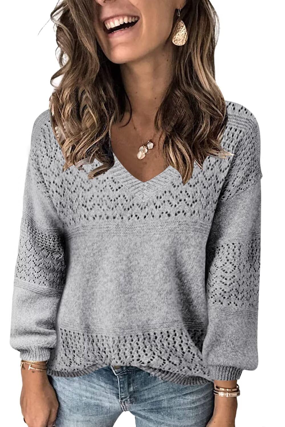 JOCAFIYE Womens Sweaters Casual Long Sleeve V Neck Pullover Sweater Tops