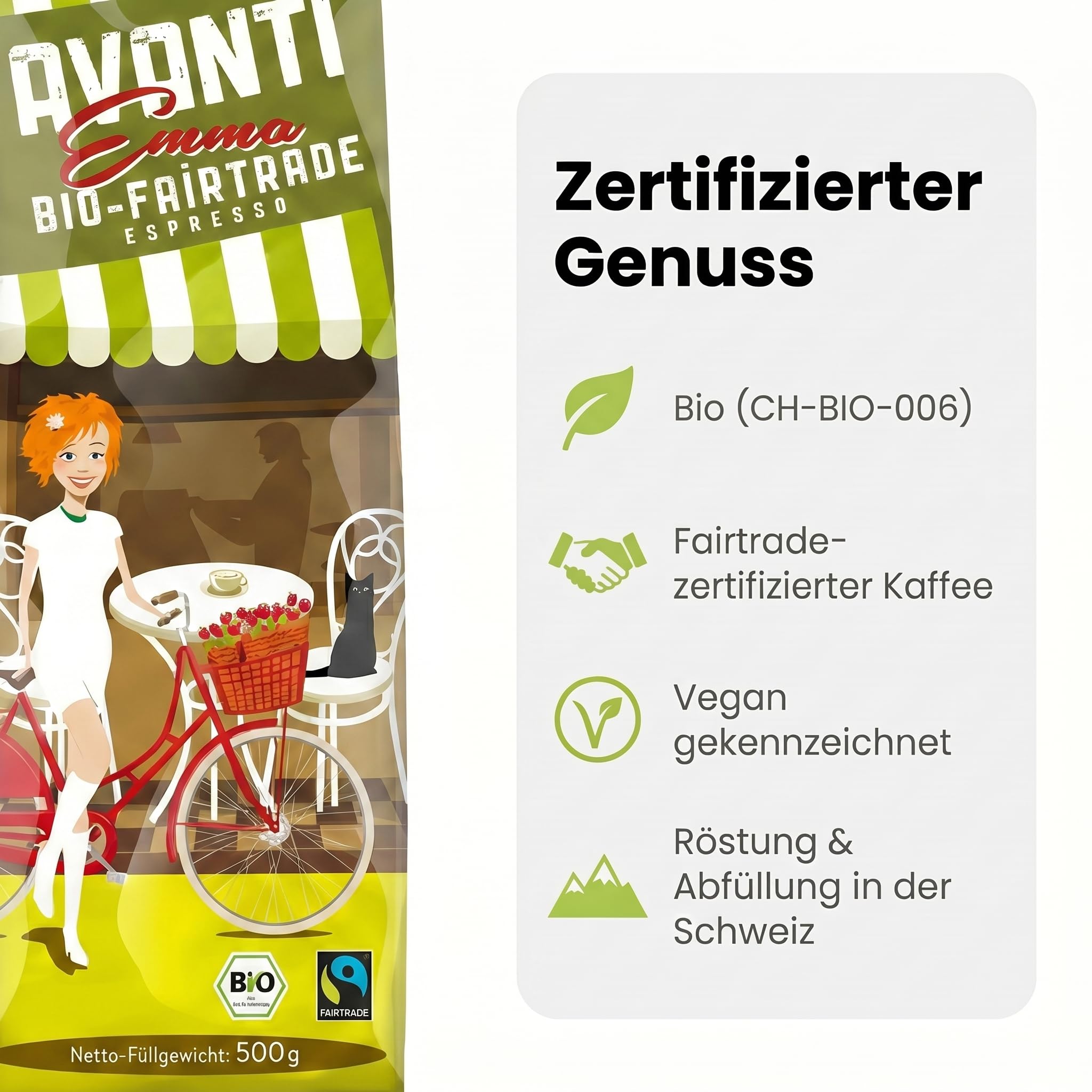 4 x AVANTI Emma Kaffeebohnen, Fairtrade Espresso, ganze Bohnen 500 g, 80% Arabica 20% Robusta, säurearme Langzeit-Trommelröstung (mitteldunkel), Schweizer Röstung und Abfüllung