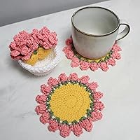 AGROMUSK Crochet Pink Flower Coasters Set of 4 with Plant Pot Holder - Handmade Cute Drink Coasters for Home Decor, Bar, Desk, Housewarming Gift