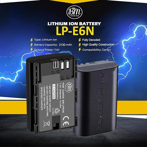 BM Premium 2 LP-E6N Batteries for Canon EOS R, EOS R5, EOS 90D, EOS 60D, EOS 70D, EOS 80D, EOS 5D II, EOS 5D III, EOS 5D IV, EOS 5Ds, EOS 6D, EOS 6D II, EOS 7D, EOS 7D Mark II, C700, XC10, XC15 Camera