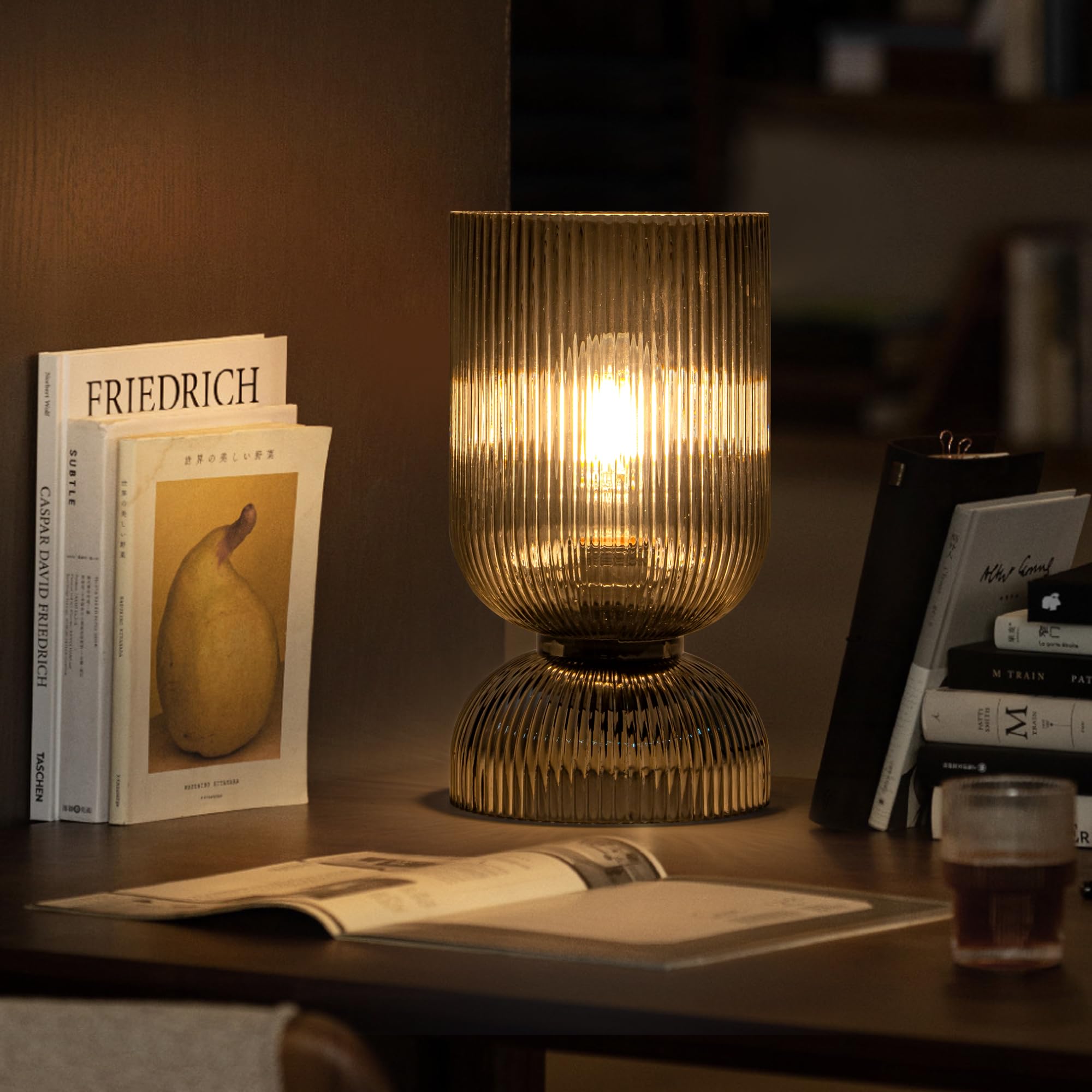 Lámpara de mesa moderna, lámpara de mediados de siglo con pantalla de cristal gris ahumado, lámpara de noche con interruptor de encendido/apagado, lámpara de mesita de noche minimalista para 4