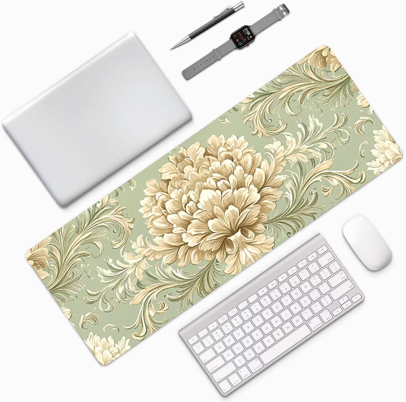Lpfieonn Böhmen Großes Schreibtischunterlage, XXL Schreibtischunterlagen, Grün XXL Wasserdicht Gaming Mousepad mit Vernähter Rand und Rutschfeste Gummibasis, für Laptop/Hause/Büro 120x60cm PF-3639