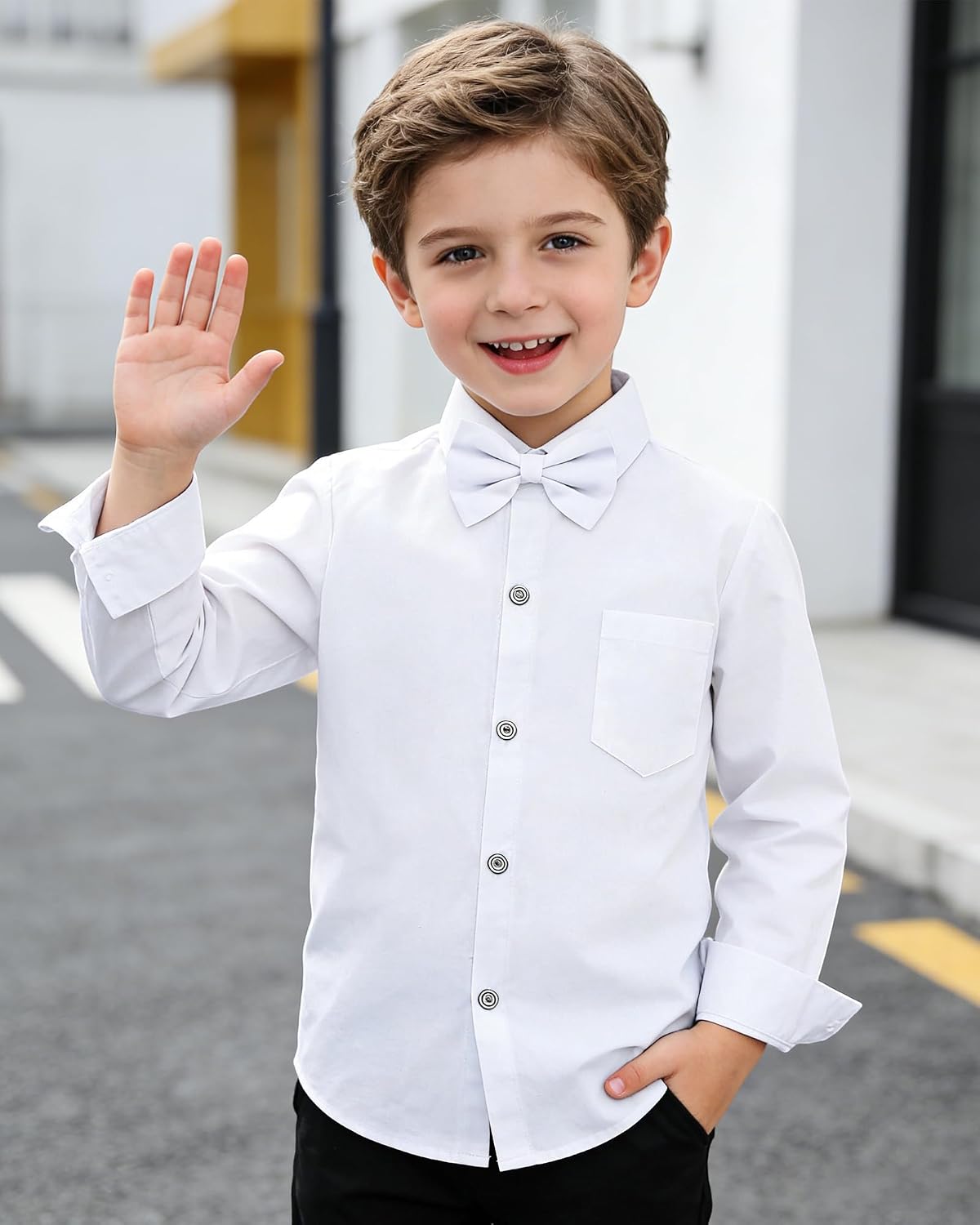 YALLET Boys Long Sleeve Shirts Button Down Print Dress Wedding Outfits Formal Casual Clothes with Bow Tie 5-10T