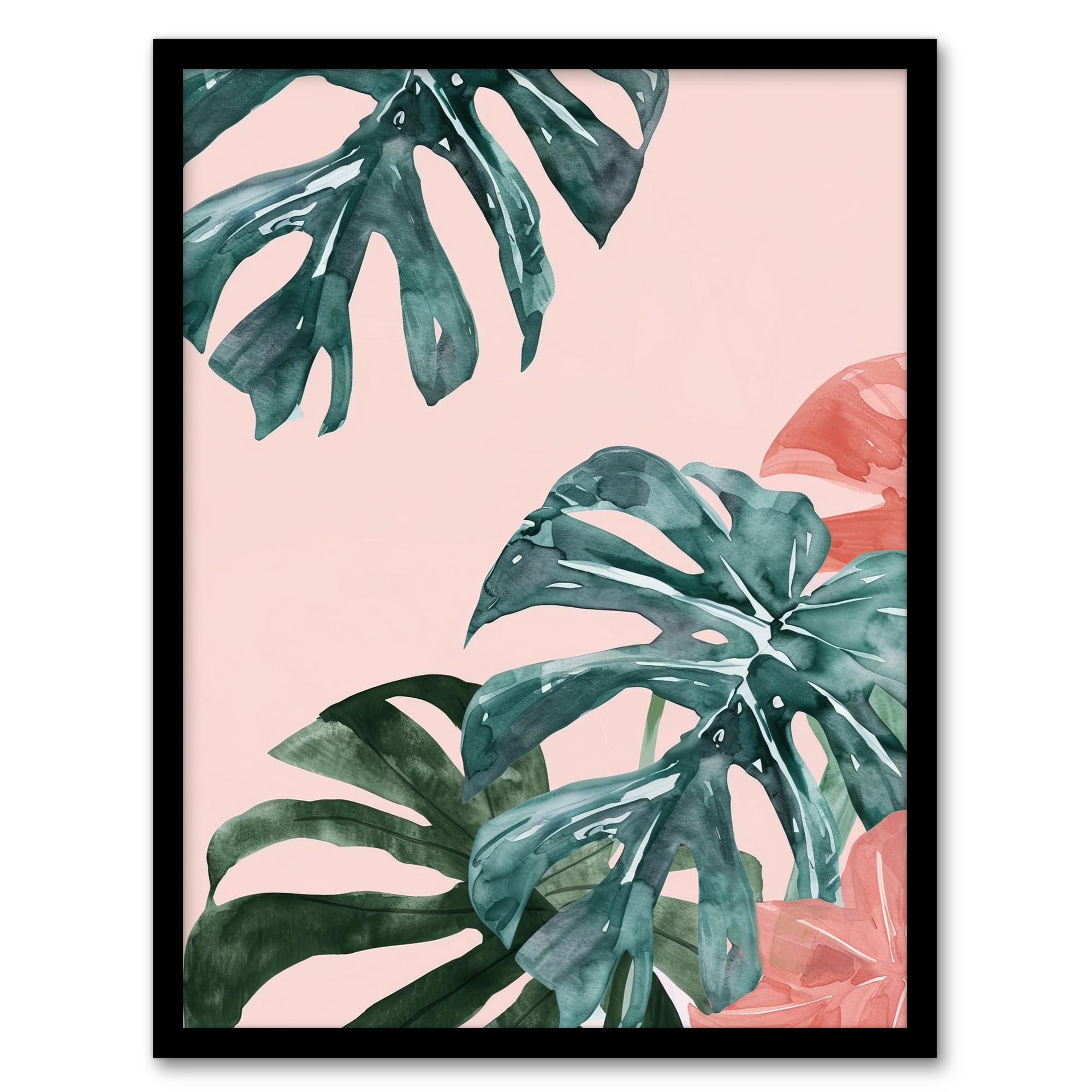 Artery8 Plant Lover Pink Teal Monstera Leaves Watercolour Living Room Artwork Framed Wall Art Print 18X24 Inch