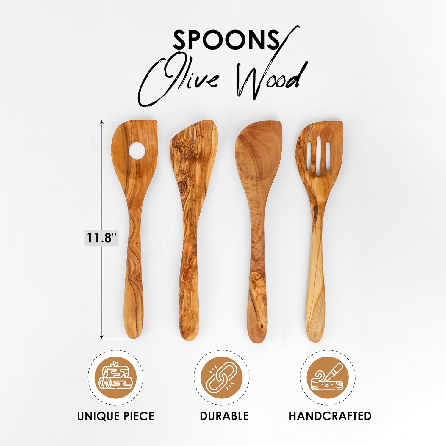 Olive Wood Cooking Utensil Set – 11.8 Inch Handmade Wooden Spoons and Spatulas for Cooking and Serving – 4 Piece Durable Olivewood Kitchen Utensils, Eco-Friendly, Non-Toxic, Beeswax Finish