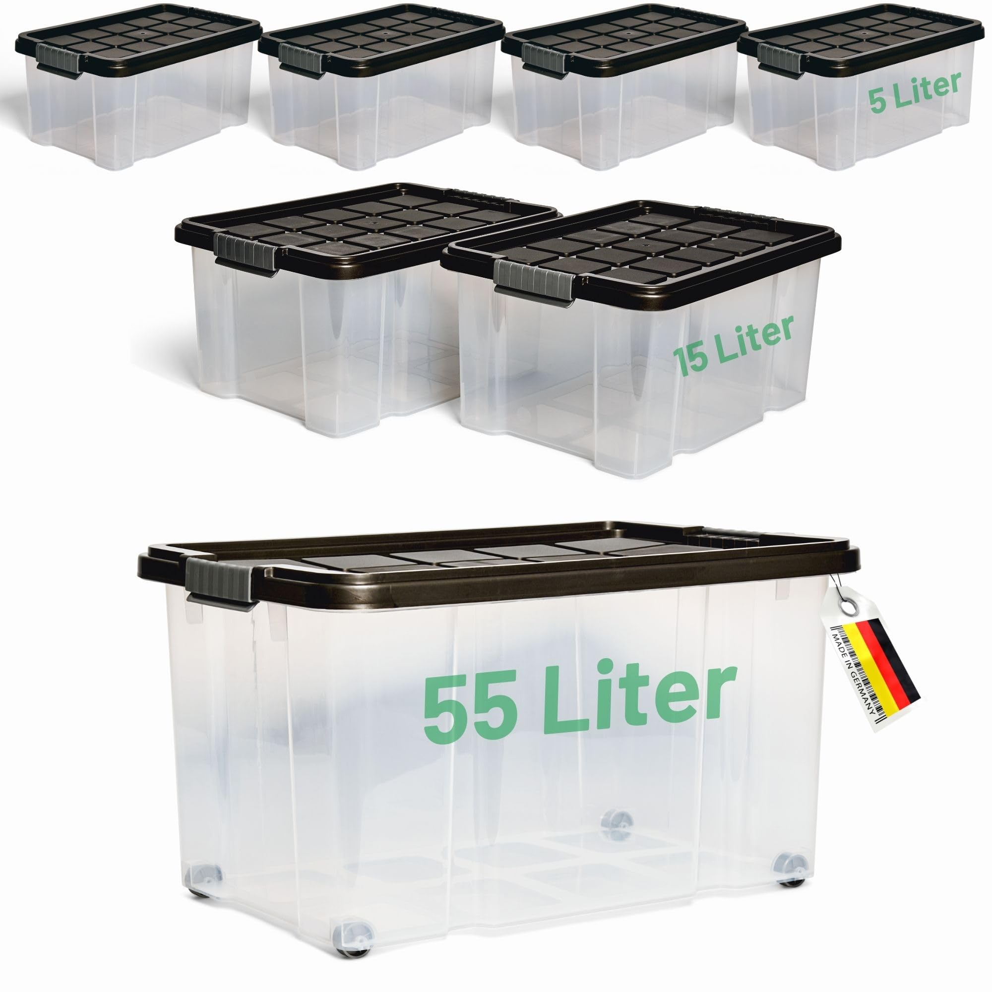 Novaliv - Set di 7 scatole portaoggetti con coperchio, colore antracite, 1 x 55 l, 2 x 15 l, 4 x 5 l, impilabili, con chiusura a clip, senza BPA