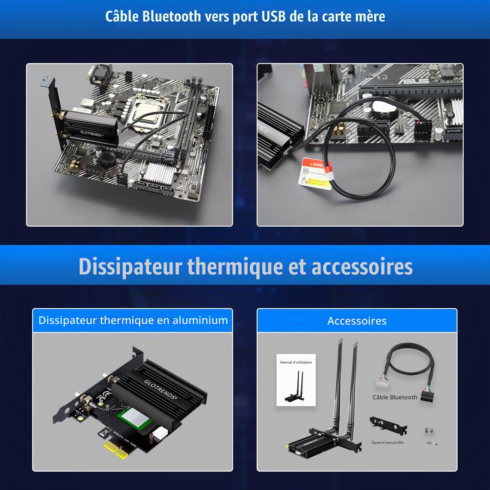GLOTRENDS BE6500 Carte PCIe WiFi 7 avec Bluetooth 5.4, Adaptateur WiFi tri-Bande 6 GHz WPA3 pour Ordinateurs de Bureau AMD et Intel, Compatible avec Windows 11/Linux/macOS
